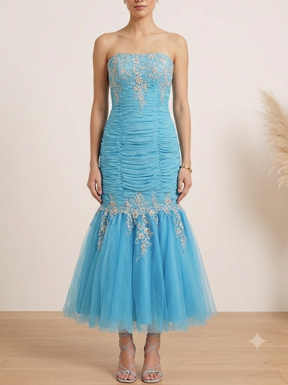 Tiffany Designs Turquoise Mermaid Prom Dress with Gold Embroidery